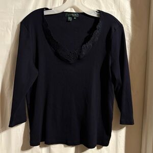 Lauren Ralph Lauren Knit Navy Top Size 1X Lace LRL Logo Casual Preppy Date Night